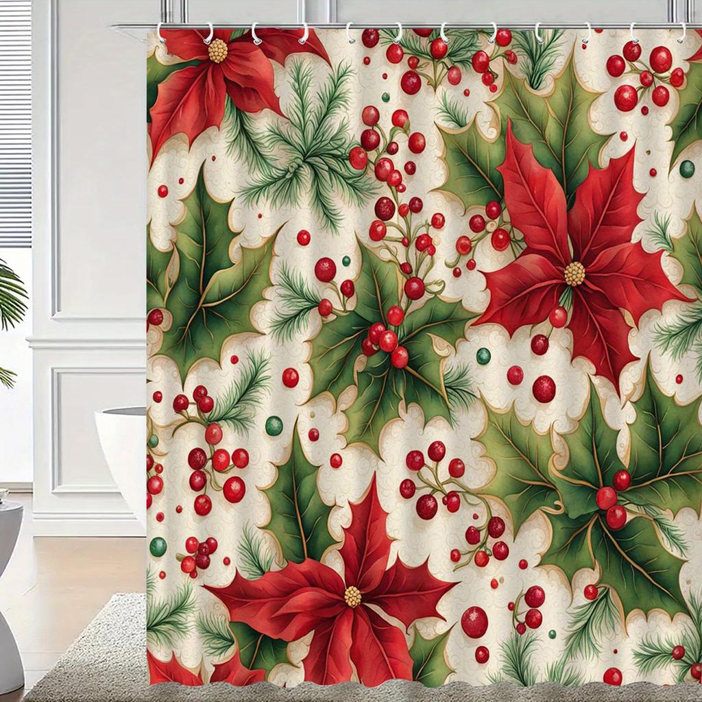 GAERed Poinsettia & Green Leaf Holiday Shower Curtain with Hooks - Machine Washable Polyester Bathroom Decor, Christmas Winter