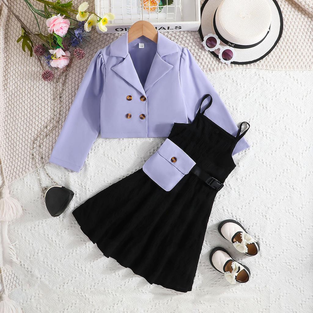 Girls Autumn Clothes Fashion Children Jacket + Dress + Bag 3 Piece Sets Suspender Dress Suit for Kids