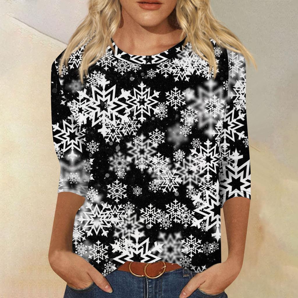 Women's Fashion Casual Seven Sleeve Christmas Printed Round Neck Top