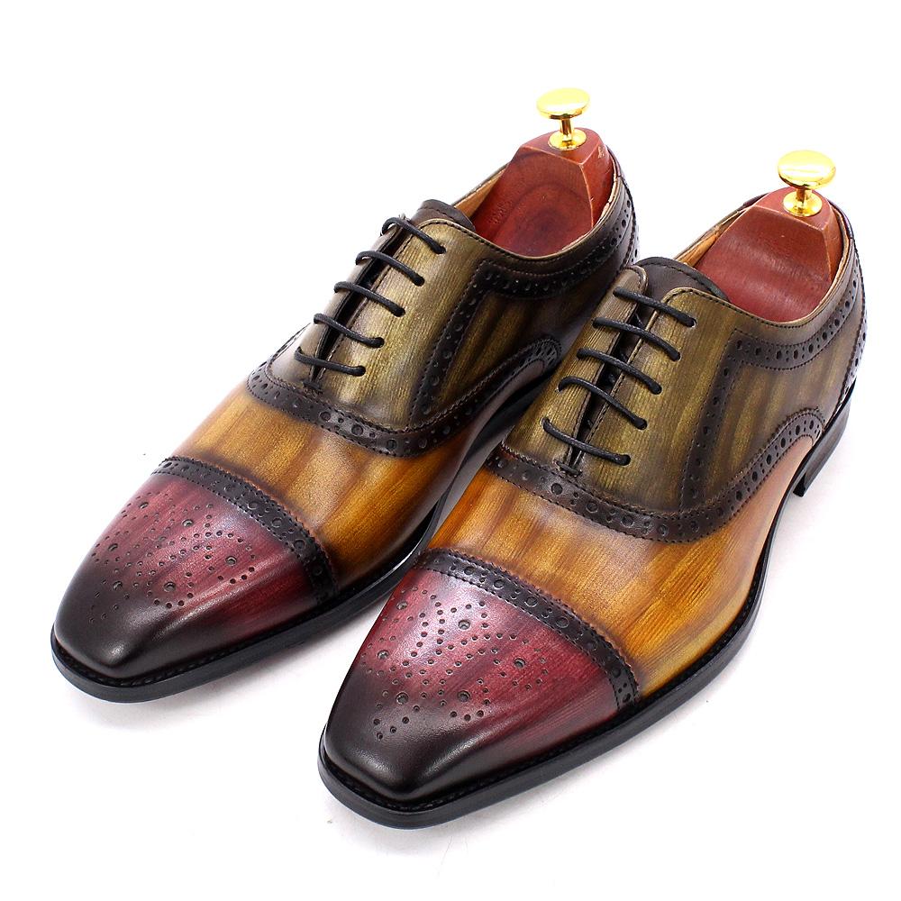 Handmade Mens Dress Shoes 100% Calf Leather Cap Toe Oxford Mixed Colors Lace Up Luxury Brogue Wedding Party Formal Shoes for Men