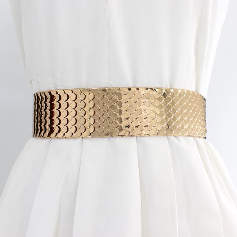 Women's Fashion Metal Elastic Belt with Fish Scale Pattern - Versatile Wide Elastic Waistband for Dresses
