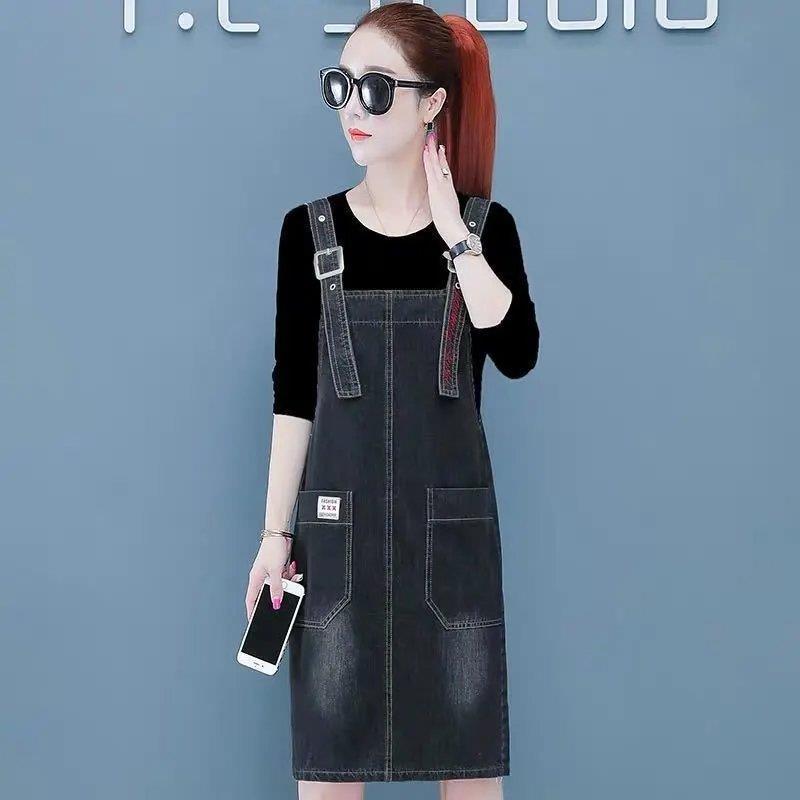 Летнее свободное платье Платье больших размеров Платье средней длины на бретелях Модное джинсовое платье без рукавов с карманами Плюс размер