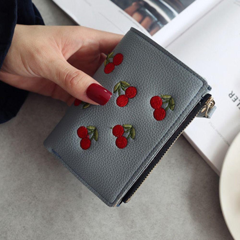 PU Leather Retro Cherry Wallets Card Bag Zipper Change Bag Ins Short Clutch Bag Female