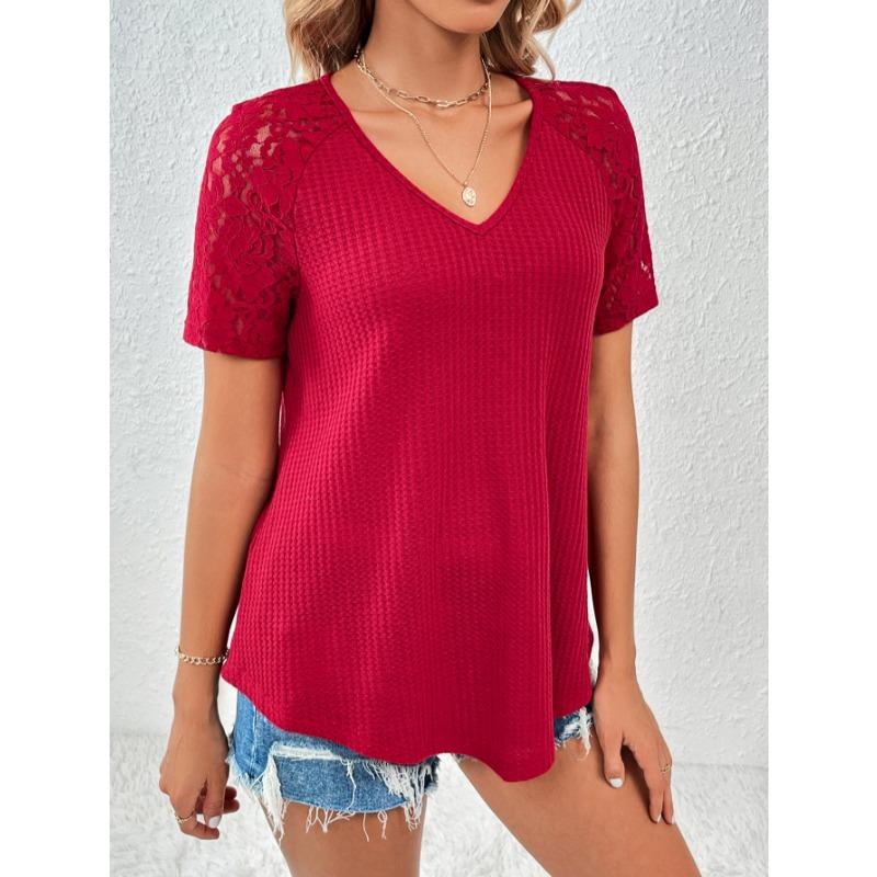 Summer Short Sleeve Hollow Lace V-neck Women Blouse Loose Casual T-shirt Short Sleeved Office Top Loose Fashion Elegant Solid Color Shirt Clothing