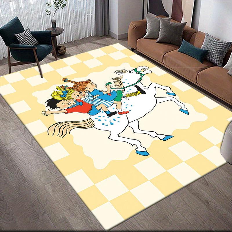 Pippi Cartoon Flannel Printed Carpet, Home Sofa Decoration for Living Room & Bedroom, Non‑Slip Play Flannel Floor Mat for Game Room