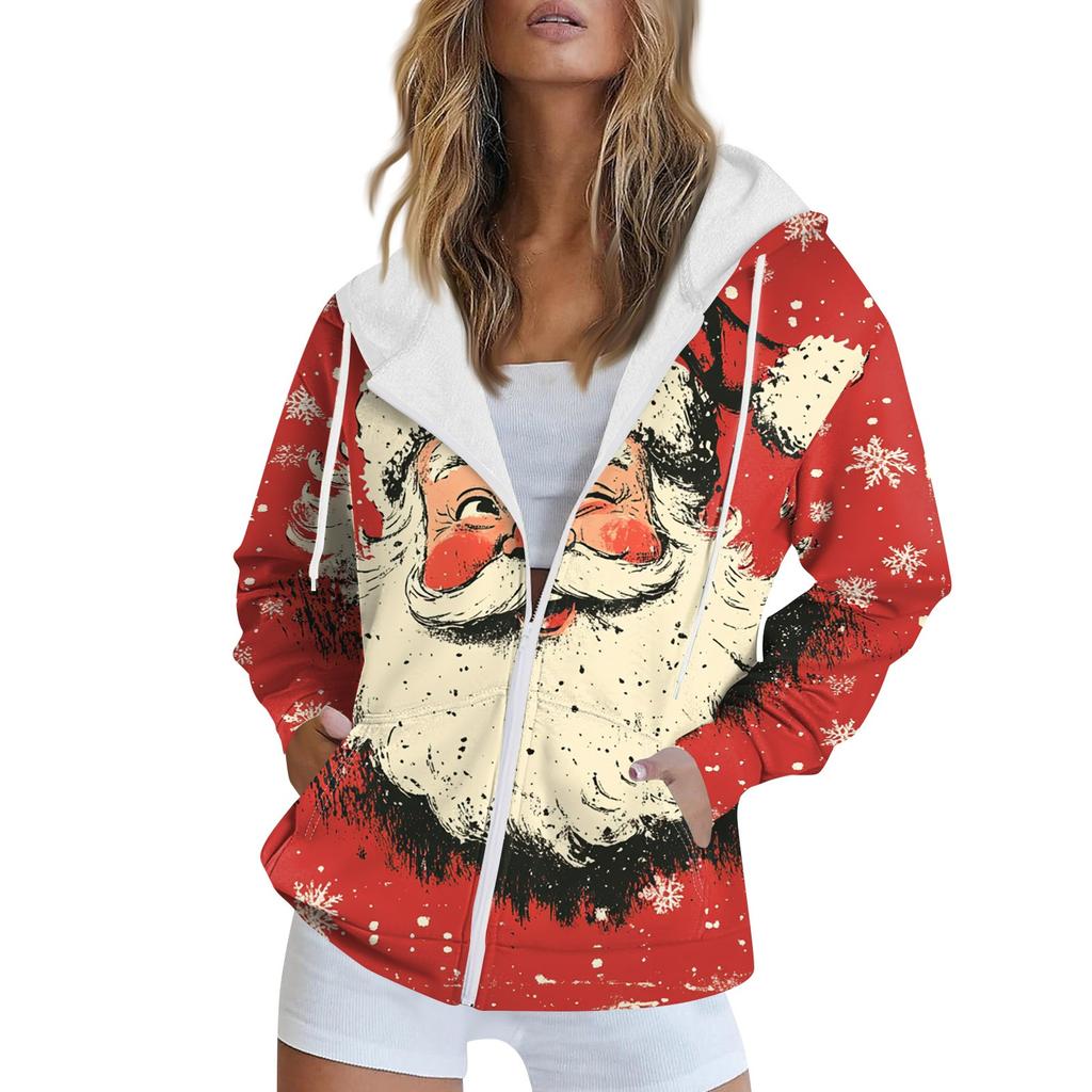 Women's Christmas Printed Sweatshirt Winter Long Sleeve Cardigan Jacket With Pockets Zipper Hoodie Outerwear