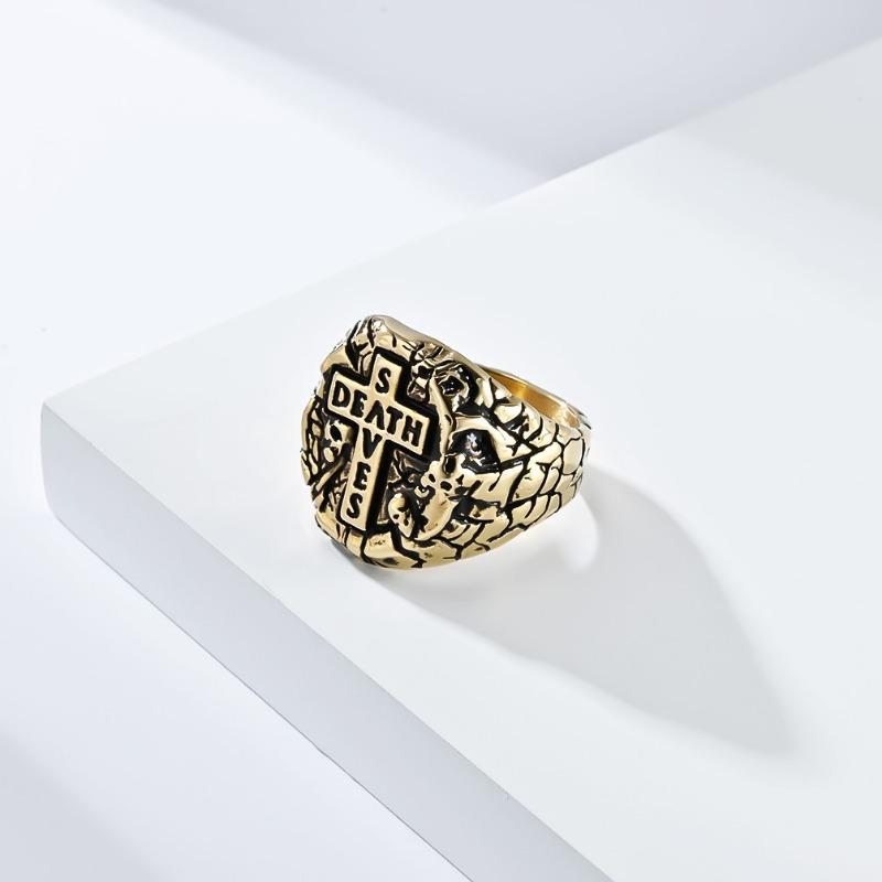 Men's Vintage Cross Titanium Steel Ring Bully Niche Design Stone Pattern Skull Jewellery Gold Rapper Wear Finger Ring