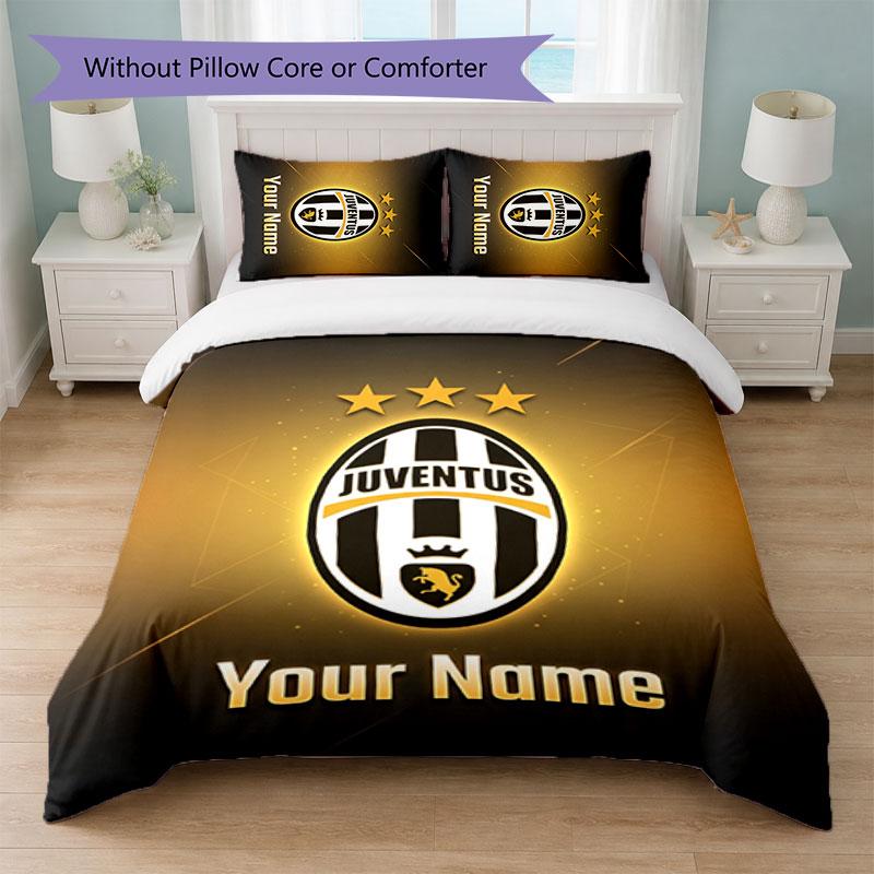 Juventus FC Custom Name Text Bedding Set 1 Duvet Cover+2 Pillowcases Soccer Logo Personalized Gift For Special Occasion Bedroom Decor