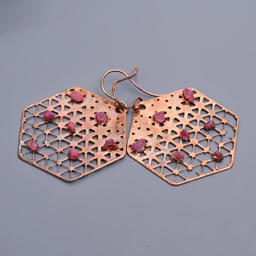 Серьги-подвески из меди с розовым рубином, гальванопластика, подарок для друга, ювелирные изделия V-45