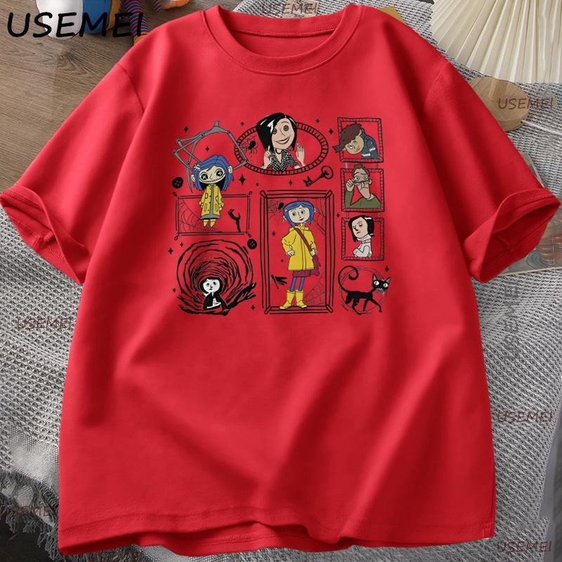 Vintage Coraline Halloween TShirt Y2k Spooky Tshirt Horror Graphic T Shirts Cotton Short Sleeve Unisexs Clothing Male Tops Tee
