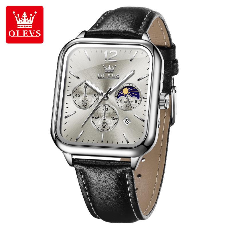 Square Quartz Men's Watch Three Eye Timer Moon Phase Automatic Date Waterproof Luminous Sports Watch