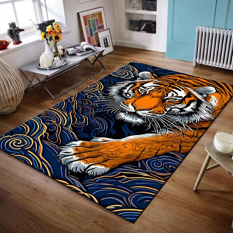 Tiger with Bold Patterns on Blue Waves Non-slip rug suitable for living room and bedroom sofas