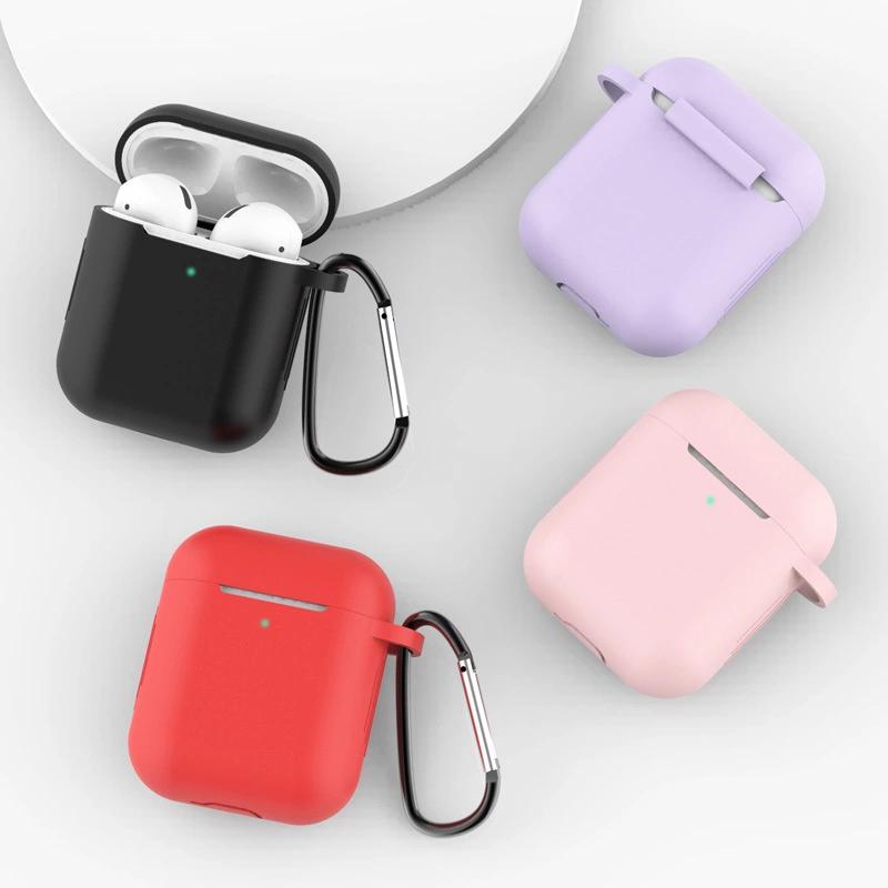 Case For Airpods 2 / Airpods 1 Silicone Soft Cover For Headphones + Keychain Snap Hook Pendant Black (Case D)