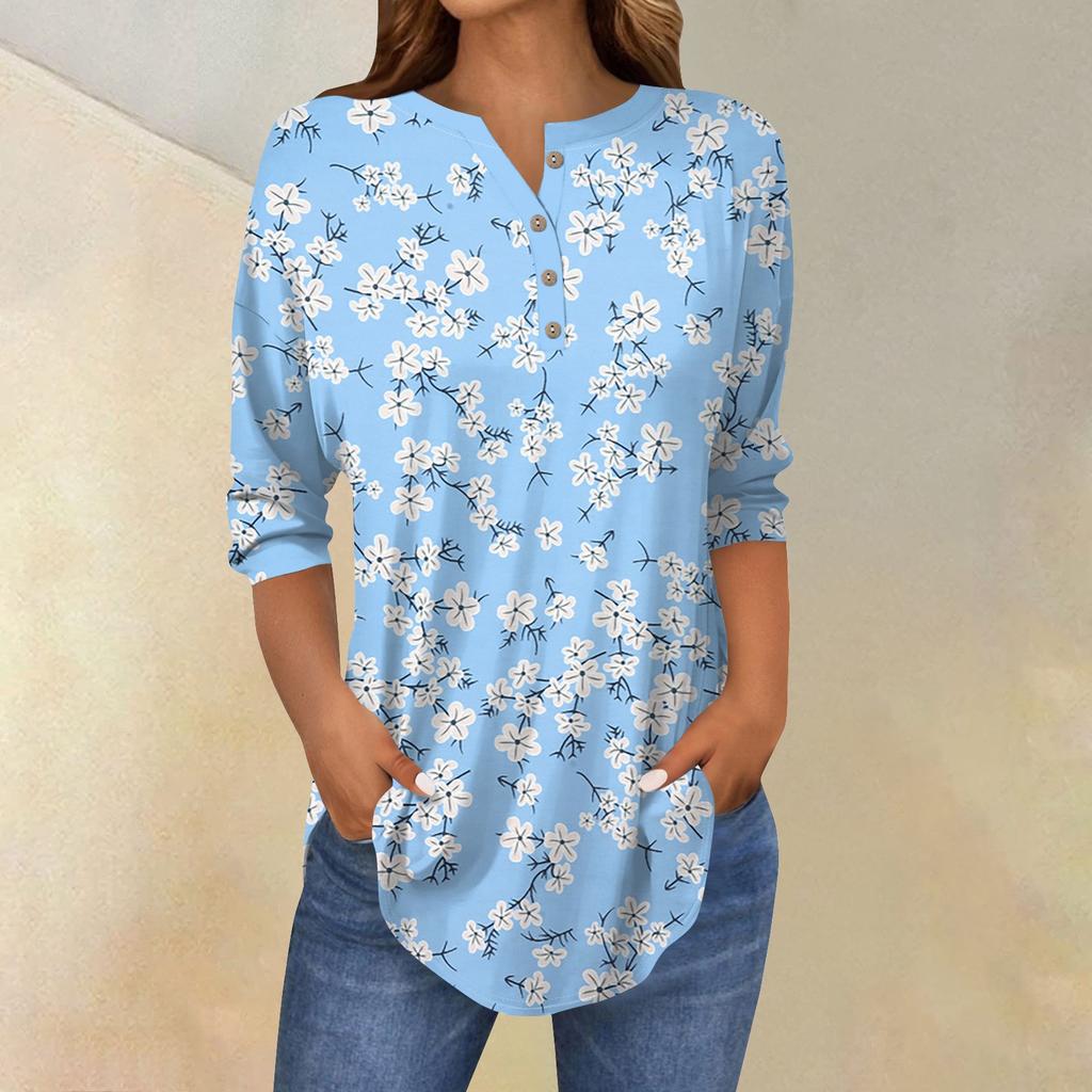 3/4 Length Sleeve Womens Tops Summer T-Shirts Floral Print V Neck Casual Basic Tee Button Shirts Tunic Tops