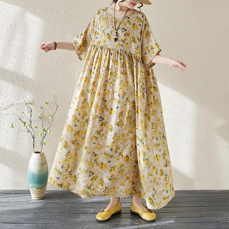 Новые платья из хлопка с короткими рукавами больших размеров и цветочным принтом для женщин, повседневные свободные длинные летние платья