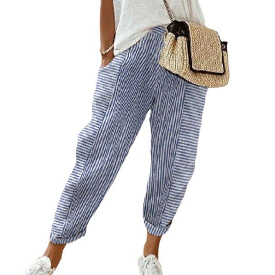 Women Casual Pants Elastic Waist Mid-rise Summer Jacquard Long Pants with Pockets Striped Print Loose Fit Trousers