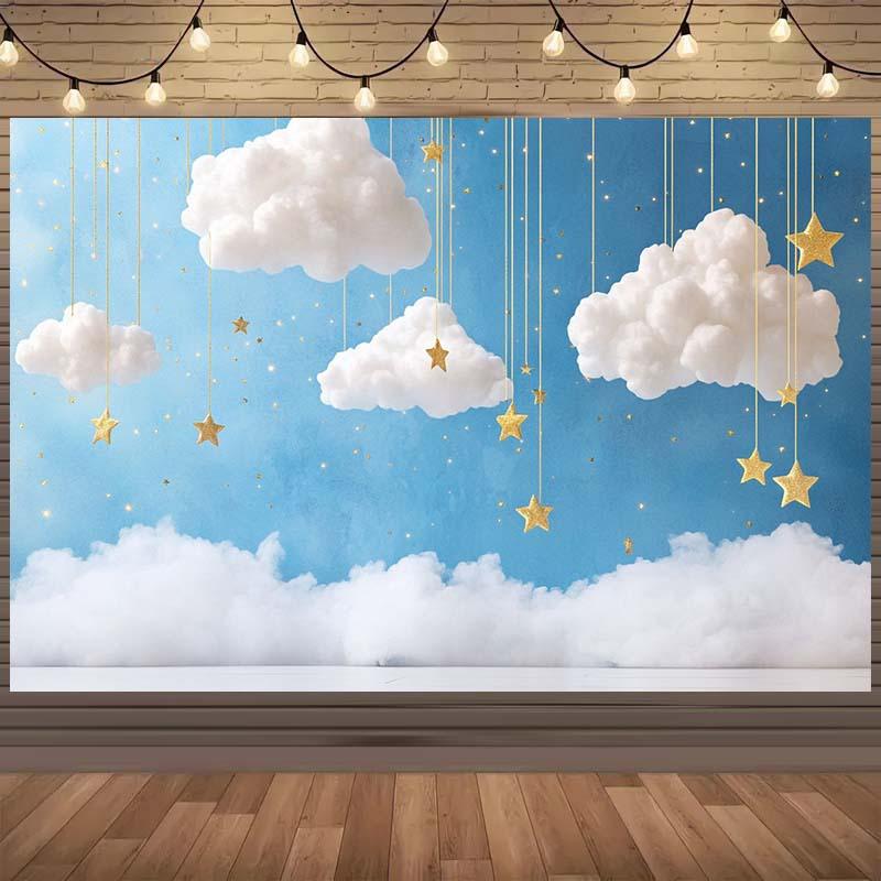 1pc whimsical blue sky and clouds tapestry with golden stars-polyester party background wall hanging photo shoot, weddin