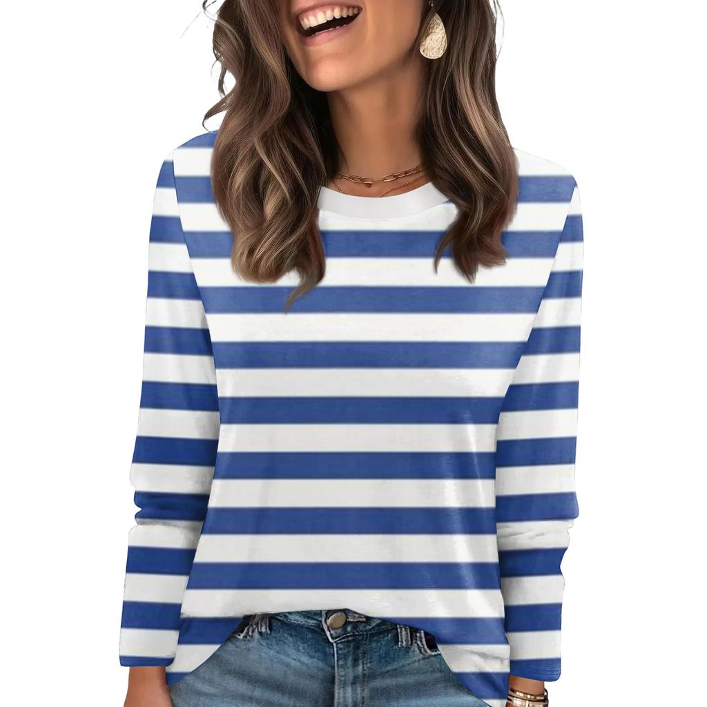 Женский полосатый модный повседневный топ с круглым вырезом и длинными рукавами