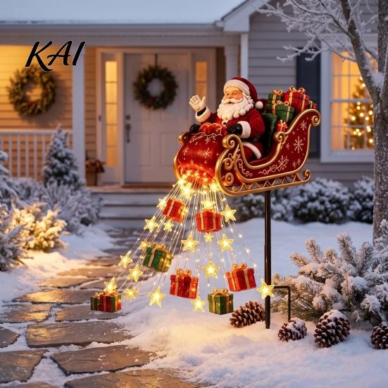 Decorative Christmas Garden Path Markers Santa Sleigh Figurine Light, Solar Powered Stake Outdoor Claus Pathway Decor Pouring Gifts Stars Light