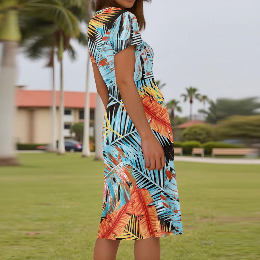 Ladies Summer Fashion Casual Floral Print V-Neck Short Sleeve Pocket Dress