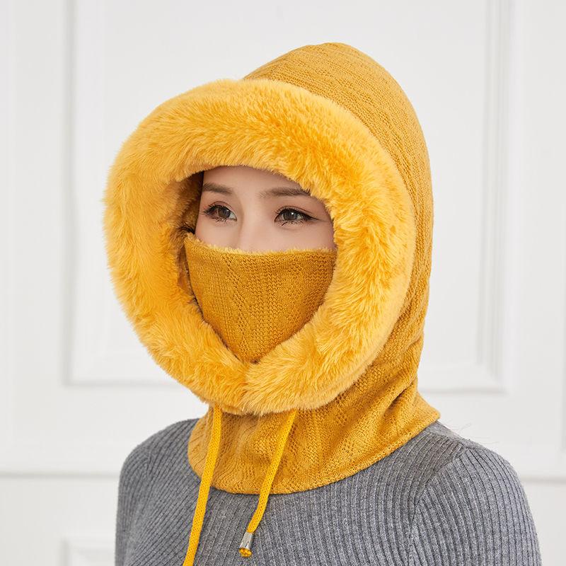 Women's Winter Plus Velvet Thick Windproof Hat Knitted Woolen Hat Scarf One