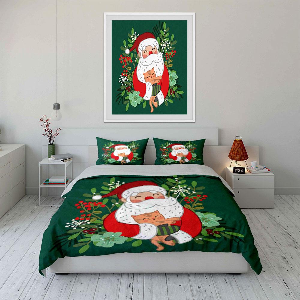 Santa Hugging Cat Green Design Bedding Duvet Cover Set Duvet Cover Pillowcases  (1*Duvet Cover 2*Pillowcases, without duvet insert)