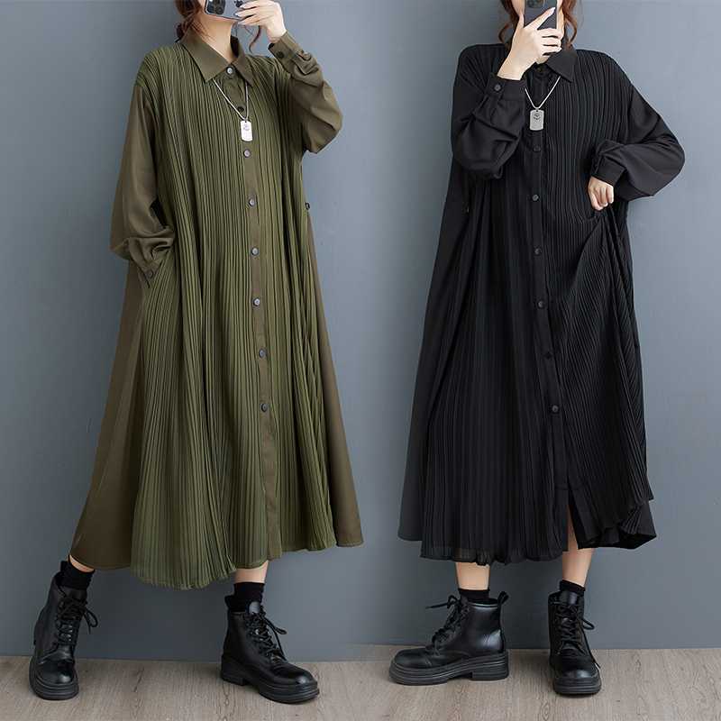 Women's Turn Down Collar Long Sleeve Loose Fit Pleated Midi Shirt Dress Casual