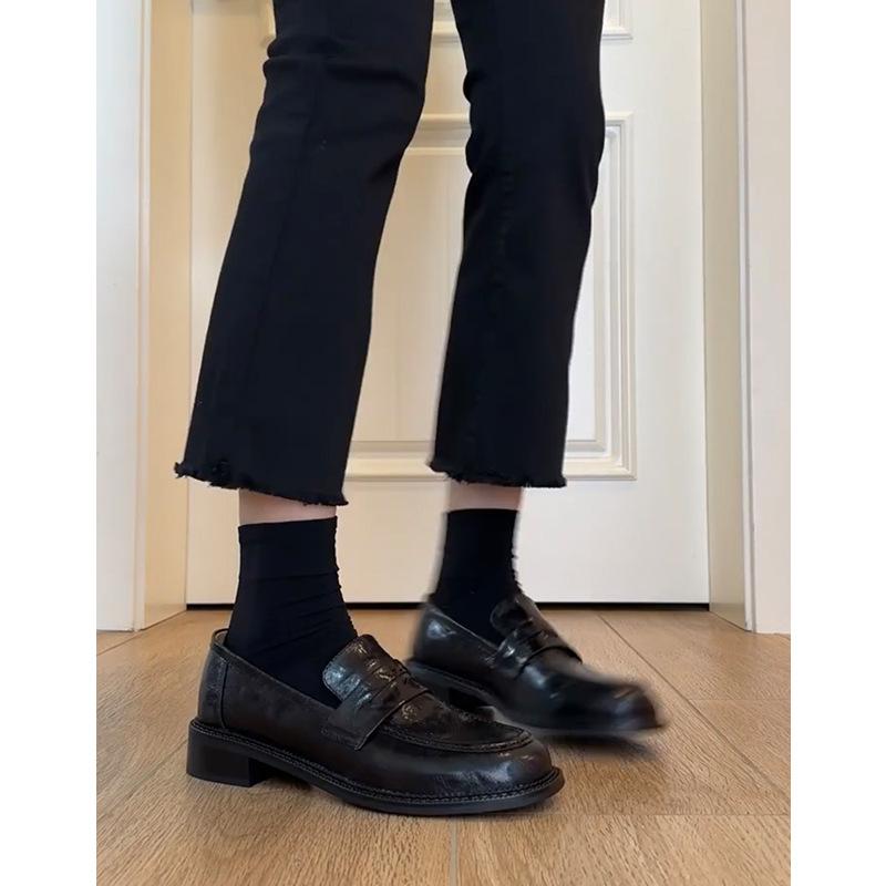 Cowhide Version~ Genuine Leather Comfortable Platform Loafers Women's Retro British Style Small Leather Shoes Thick Heel One Pedal Single Shoes