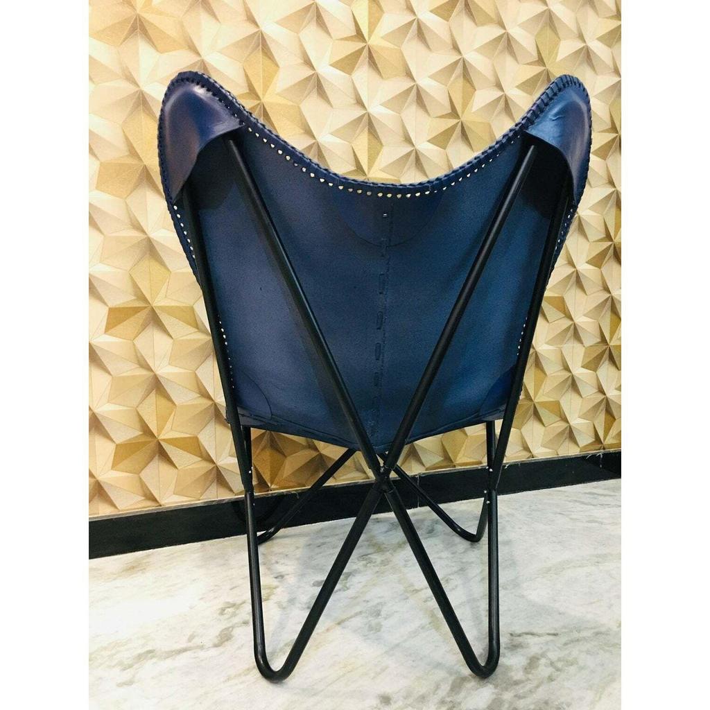 Handmade Vintage Blue Buffalo Leather Butterfly Arm Chair Folding Sleeper Seat