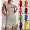 Women's Sleeveless Round Neck Sexy Chest Exposed Pleated Slim Fit Short Dress