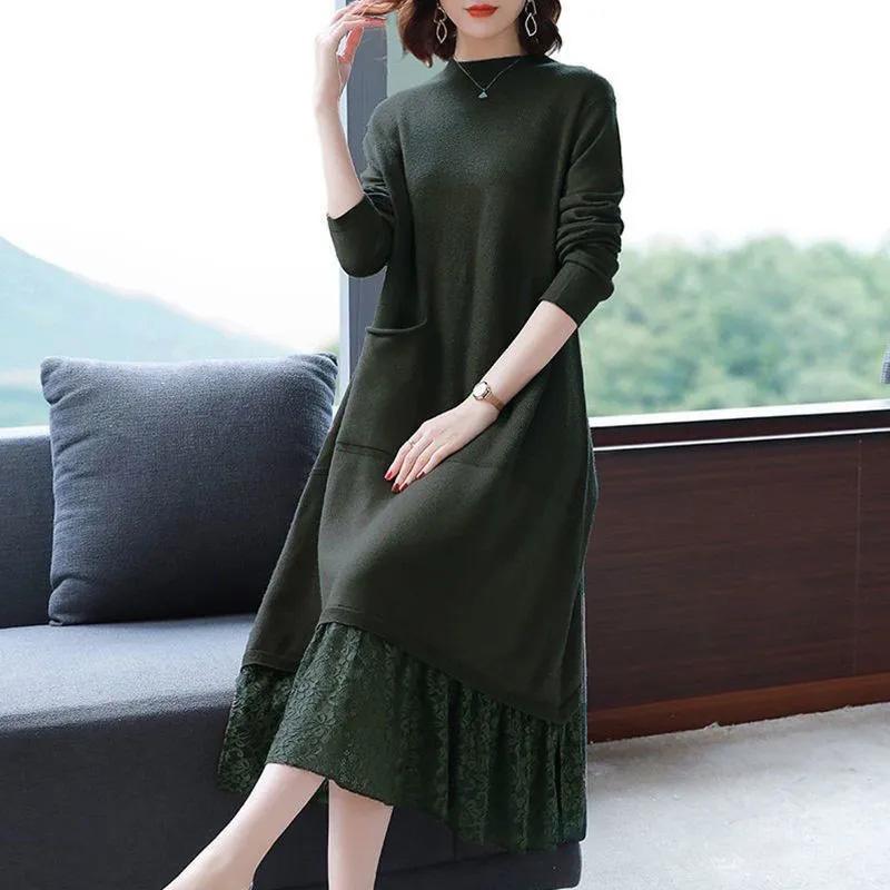Платье женское осенне-зимнее кружевное удобное эластичное платье-свитер средней длины трикотажные платья с длинными рукавами