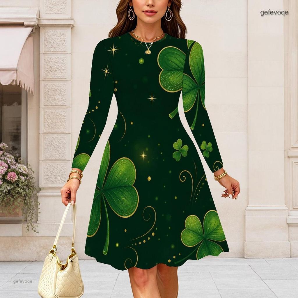 Women Plus Size Long Sleeve Round Neck Shamrock Printed Dark Green A Line Dress Gathered Waist Flared Hem