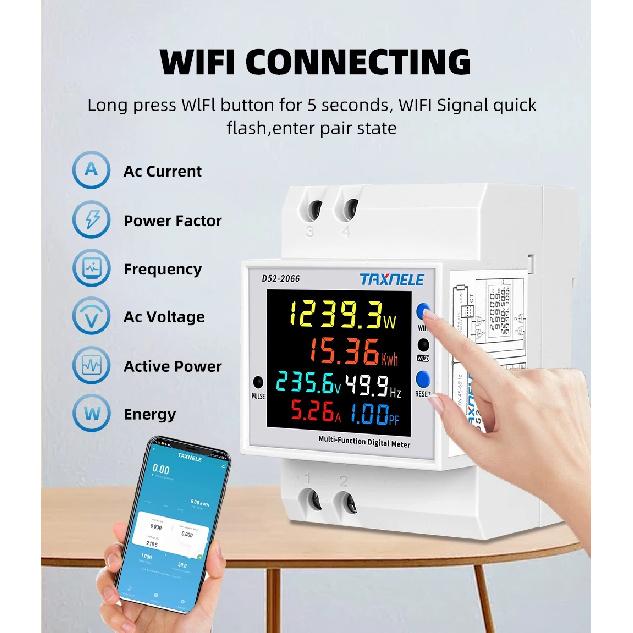 TUYA WiFi Удаленный монитор 6-в-1 AC 110V 220V 100A Напряжение Ток Коэффициент мощности кВтч Электроэнергия Частота Измеритель D52-2066