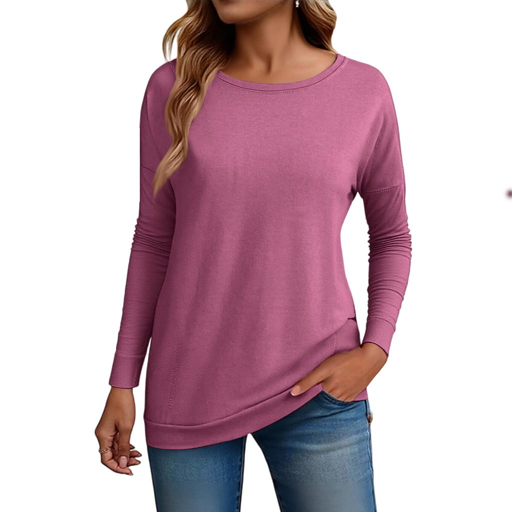 Women's Fashion Loose Round Neck Long Sleeve Solid Color T-shirt Top