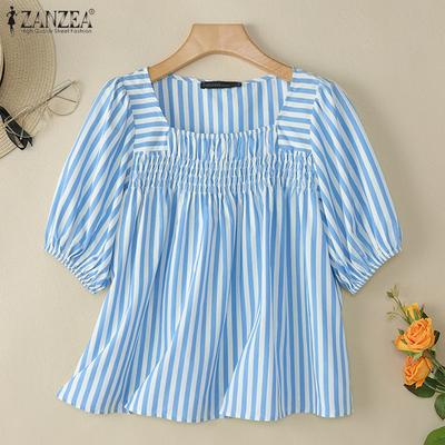 Женская повседневная блузка в полоску с квадратным вырезом и коротким рукавом