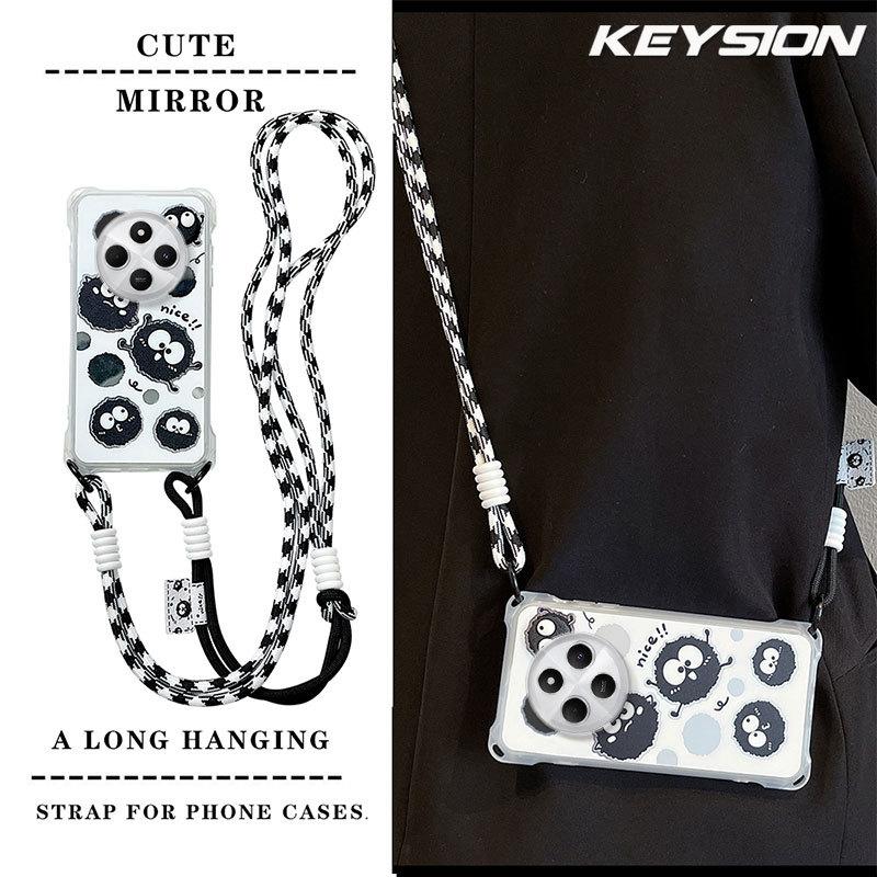KEYSION Crossbody Strap Phone Case for Redmi 14C Cute Cartoon Long Lanyard Mirror Shockproof Cover for Xiaomi POCO C75