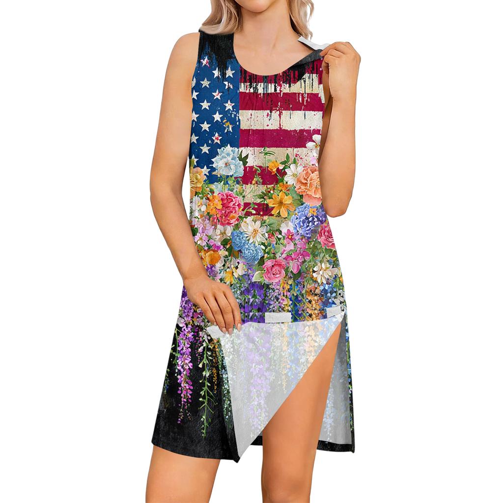 Sleeveless Tearable Post Shoulder Surgery Dress Women Floral American Flag Print Independence Day Casual Summer Dress
