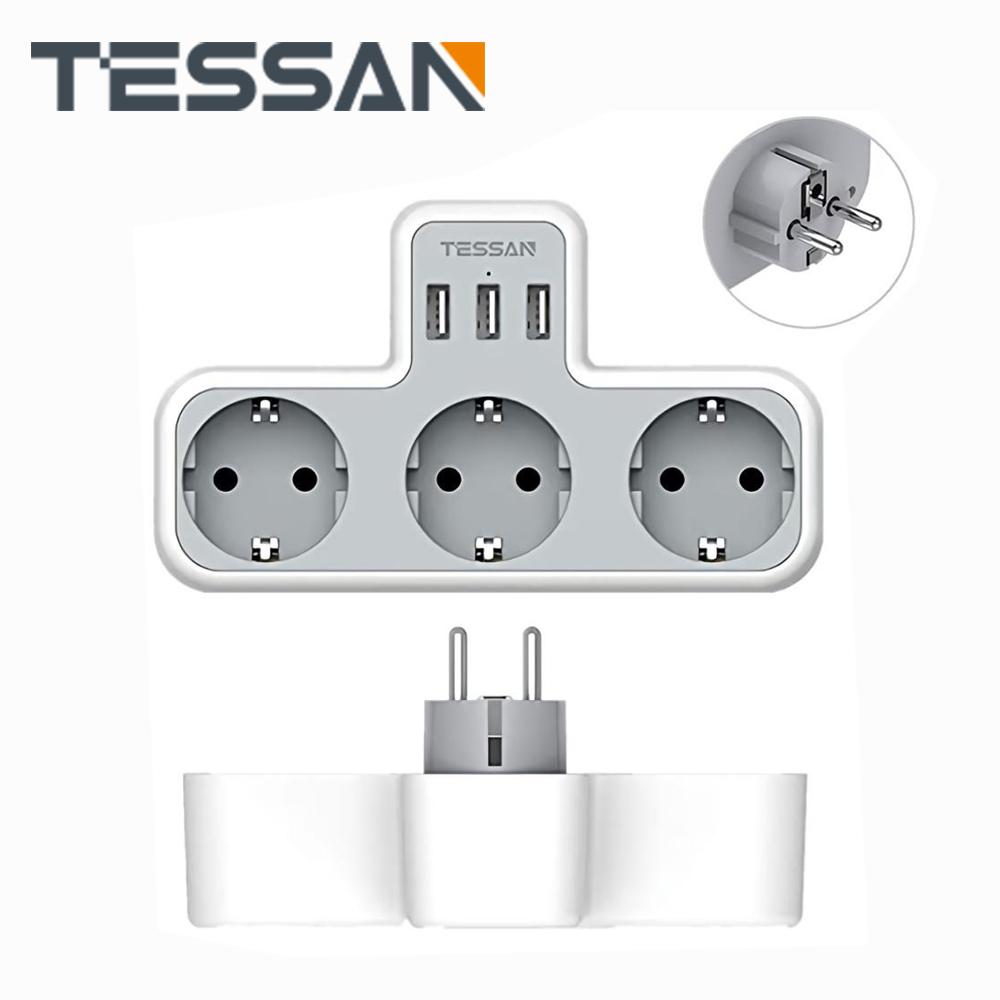 Tessan Удлинительный удлинитель стандарта ЕС с 1/3 розетками переменного тока и 2/3 USB-портами, 5 В, 2,4 А, настенная розетка с европейской вилкой, адаптер питания