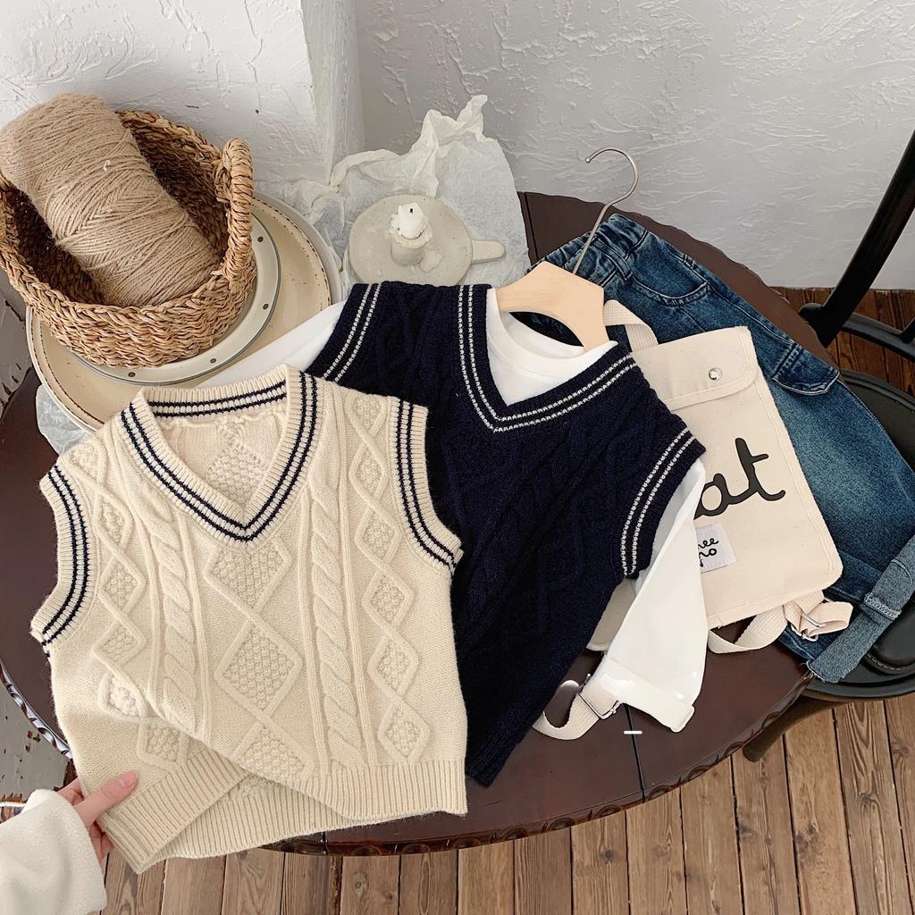 Детский жилет Осенняя одежда для малышей Жилет с V-образным вырезом для мальчиков Вязаный полосатый модный свитер для девочек Зимняя одежда для малышей