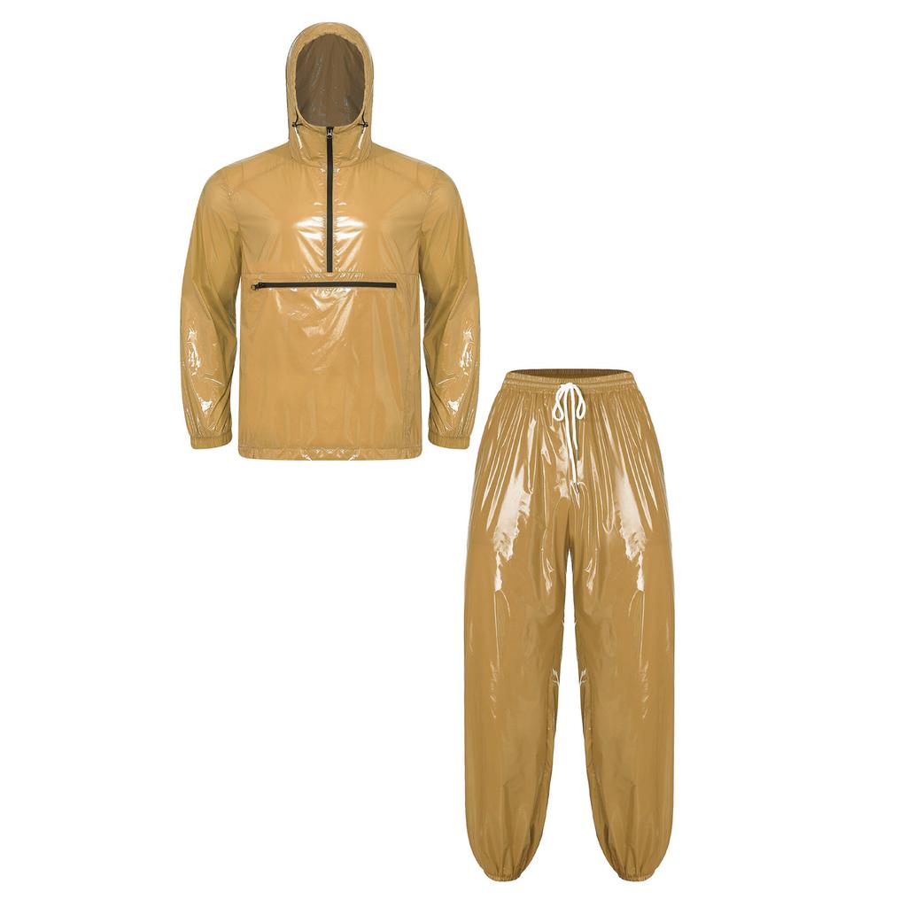 Men‘s Waterproof Hooded Jacket with Zip Pockets and Elastic Waist Jogging Pants Set S-3XL for Outdoor Rain Sports