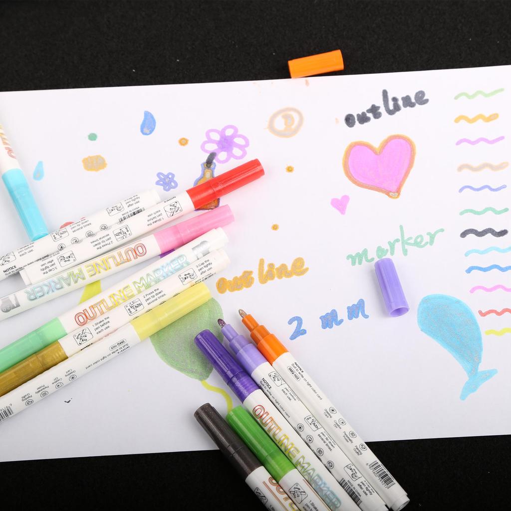 Double Line Pen 8 / 12 Colors 1-3MM Multicolor Glitter Marker Colorful Highlighter Fluorescent Marker Outline Pens