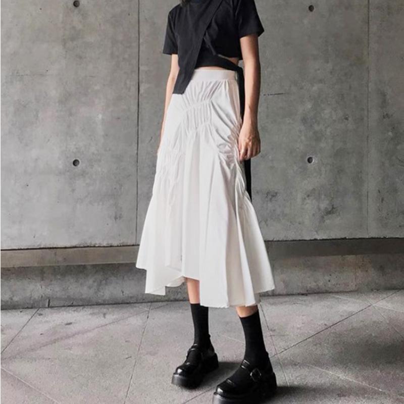 Qooth Women Ins Solid Color Pleated Asymmetrical A-line Skirt Casual High Waist Mid-length Long Skirt For Spring Summer QT2044