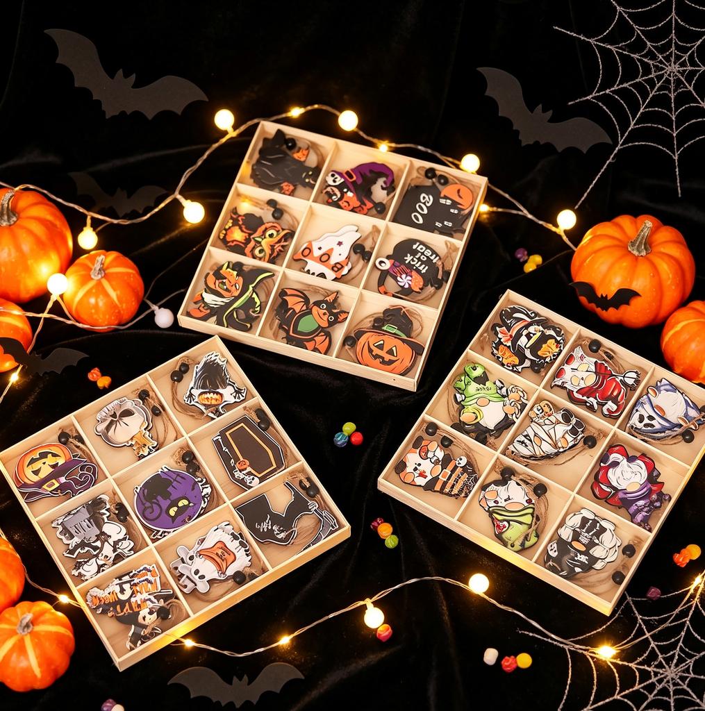 Hot Sale Halloween Wooden Hanging Ornament Set Ghost Pumpkin Witch Cutout Tags Holiday Wall Decoration