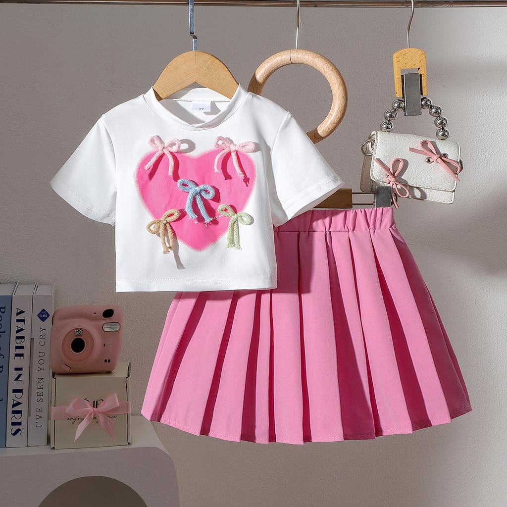 Костюмы для девочек, летние, для девочек, с круглым вырезом, бантом, узором «любовь», однотонная блузка, плиссированная юбка, костюм