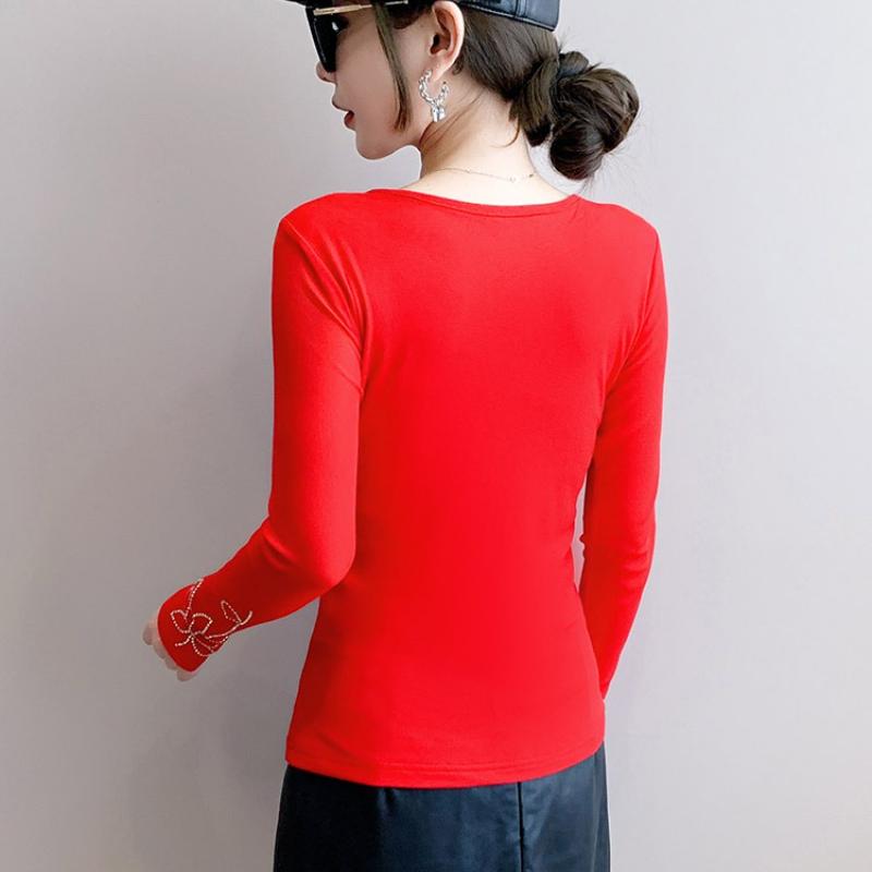 Весна Осень Женская Футболка со Стразами Горячей Фиксации Элегантная С Круглым Вырезом и Длинным Рукавом Приталенные Женские Топы