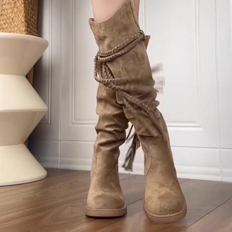 Soft Leather Retro Wasteland Fringed Knight Boots Thick Heel But Knee Long Boots Slim Pile Medium Boots Women