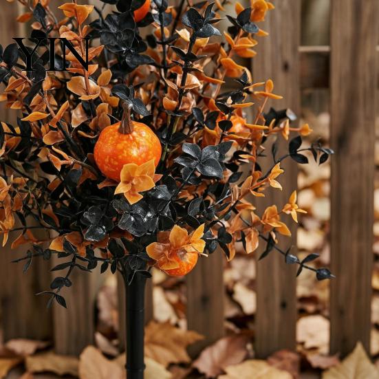 Reusable Fall Patio Accents Pumpkin Topiary Trees with Stakes, Artificial Autumn Eucalyptus Leaf Gourd Halloween Yard Decorations Decoration for Front