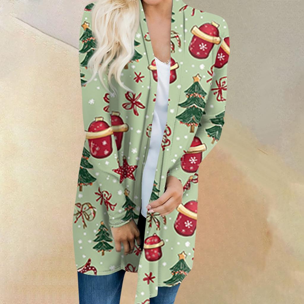 Женский модный и повседневный рождественский принтованный кардиган средней длины с длинными рукавами