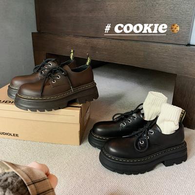 Версия из коровьей кожи~ Классические кожаные ботинки на шнуровке в британском стиле на высокой толстой подошве с круглым носком, маленькие кожаные туфли, женские лоферы, туфли-маффины