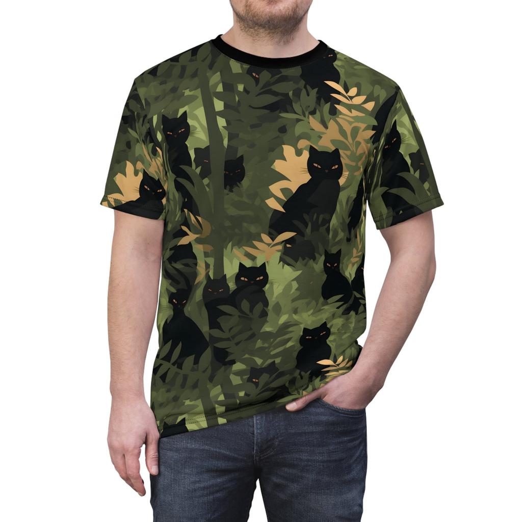Cat-mouflage All-Over Print T-Shirt | Black Cat & Green Nature Camo Unisex Tee (AOP) by Catsky Designs